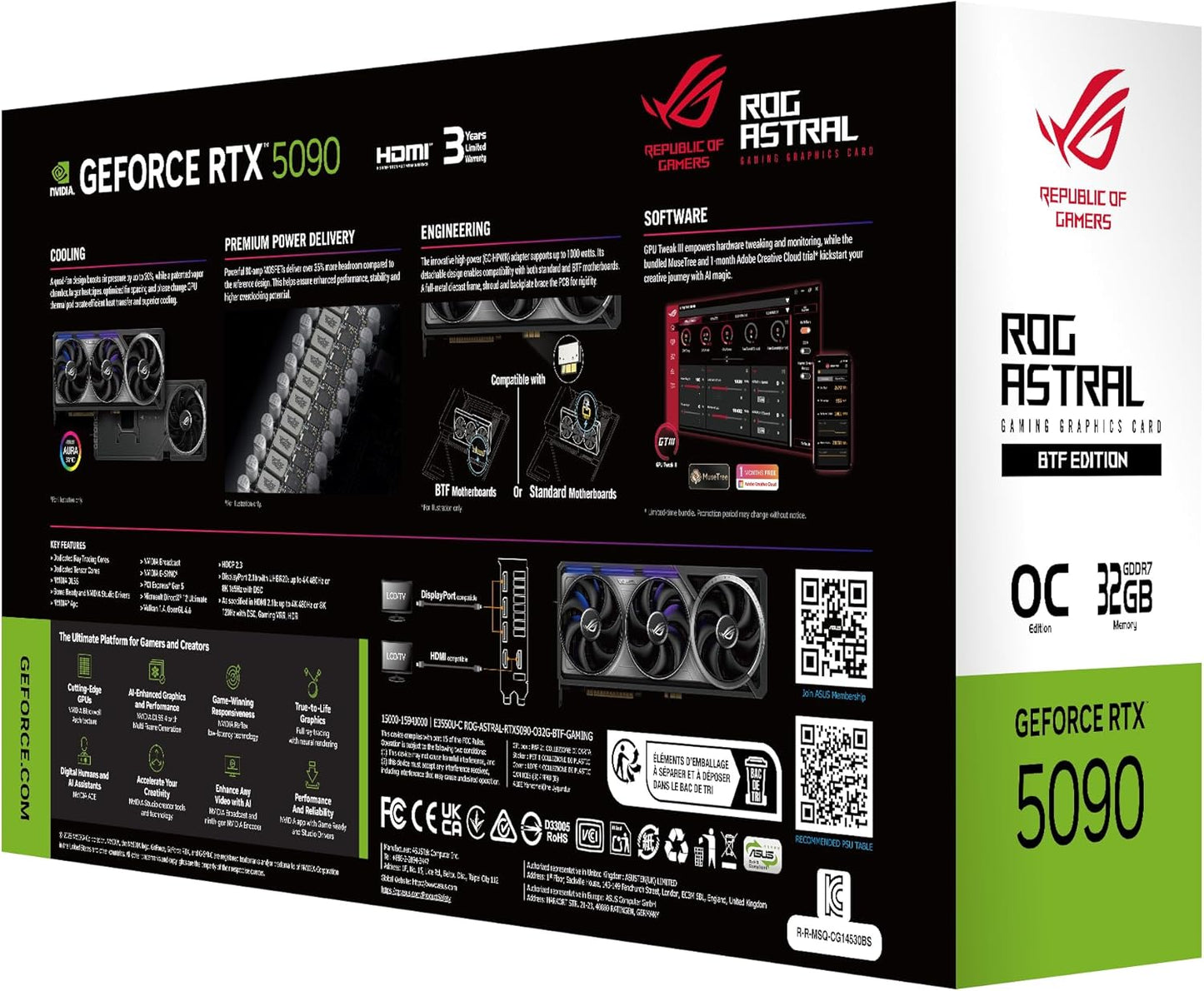 ASUS ROG Astral GeForce RTX 5090 BTF OC Edition, 32GB GDDR7, 3.8-Slot, 1000W Support